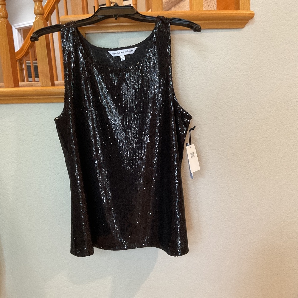 NWT Cupcakes & Cashmere Solid Black Sequins Sleeveless Tank Top Women's Size L